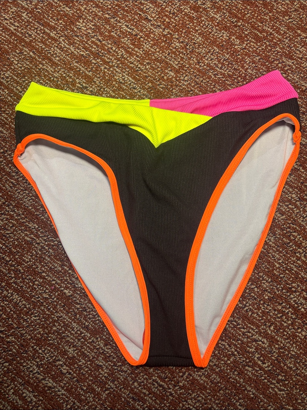 Neon trim v neck bikini black ribbed high waisted y2k style swimsuit women’s S - Picture 7 of 14